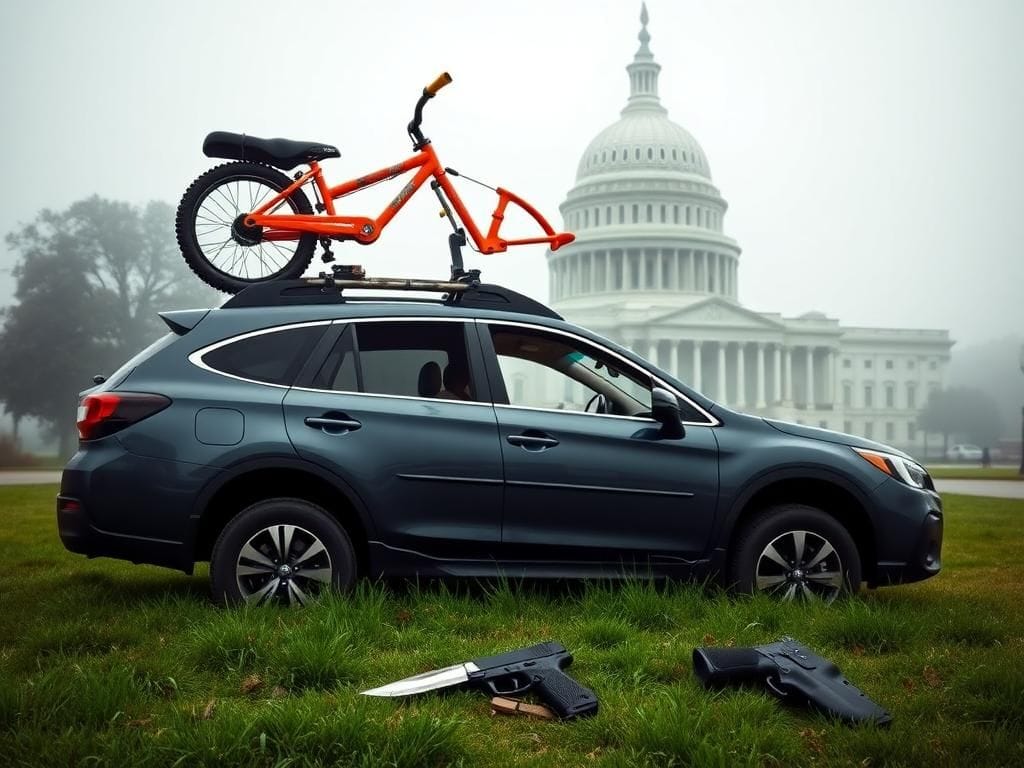Flick International Subaru Outback parked at US Capitol with tricycle on roof