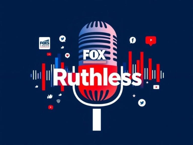 Flick International Abstract graphic symbolizing the partnership between Fox News and the 'Ruthless' podcast with a podcast microphone and digital elements.