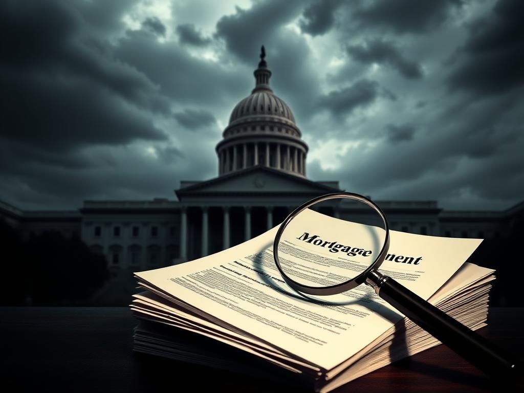 Flick International A stack of mortgage documents under scrutiny in a government building