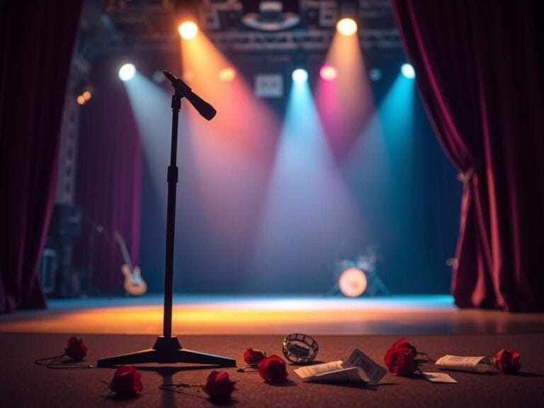 Flick International A dimly lit stage featuring a microphone stand amidst colorful concert lights