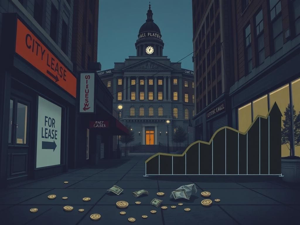 Flick International Dimly lit city street scene with City Hall in the background and empty storefronts showing 'For Lease' signs.