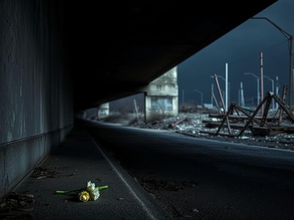 Flick International A dark, shadowy underpass with a dimly lit bridge and wilted flowers symbolizing loss.