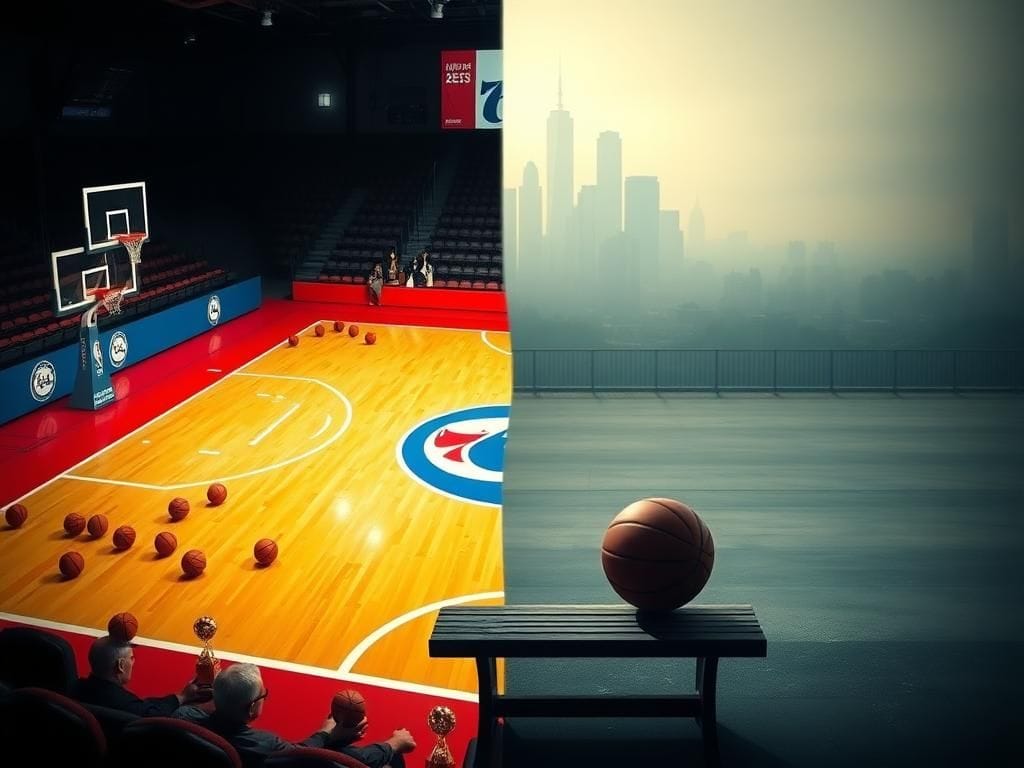 Flick International Split image depicting contrasting emotions of basketball stars Joel Embiid and James Harden over their broken relationship