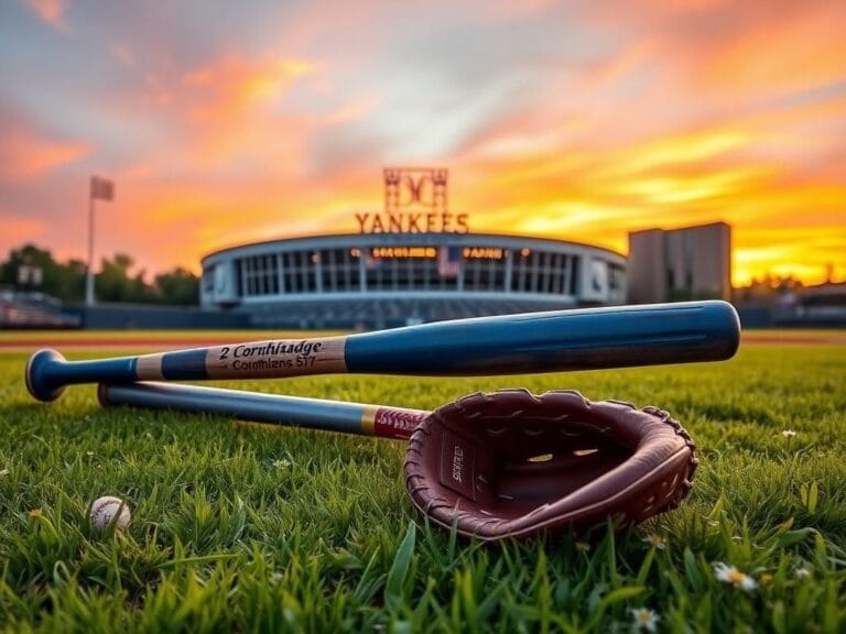 Flick International A serene baseball field at sunset with a blue bat and an open glove, representing Aaron Judge's faith.