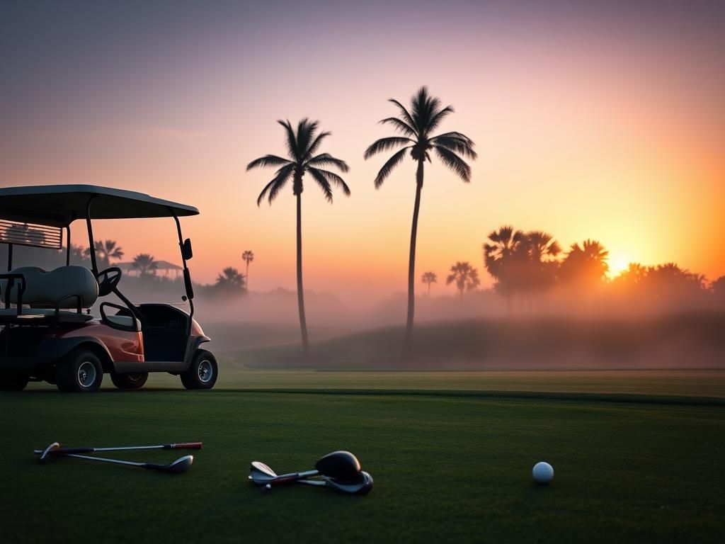 Flick International A serene twilight scene of a luxurious golf cart parked off a manicured green, symbolizing loss.