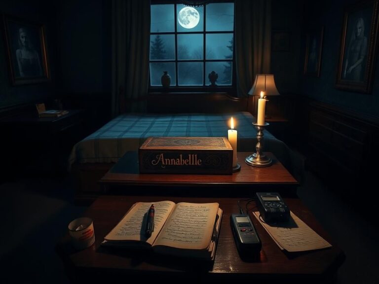 Flick International A dimly lit hotel room with an ornate box labeled 'Annabelle' surrounded by paranormal investigation tools.