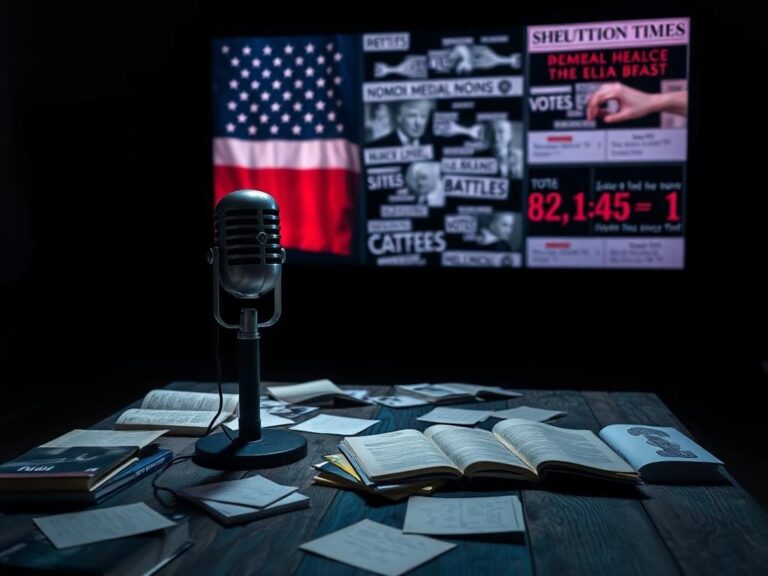 Flick International A vintage microphone on a wooden table in a dimly lit room, symbolizing political discourse