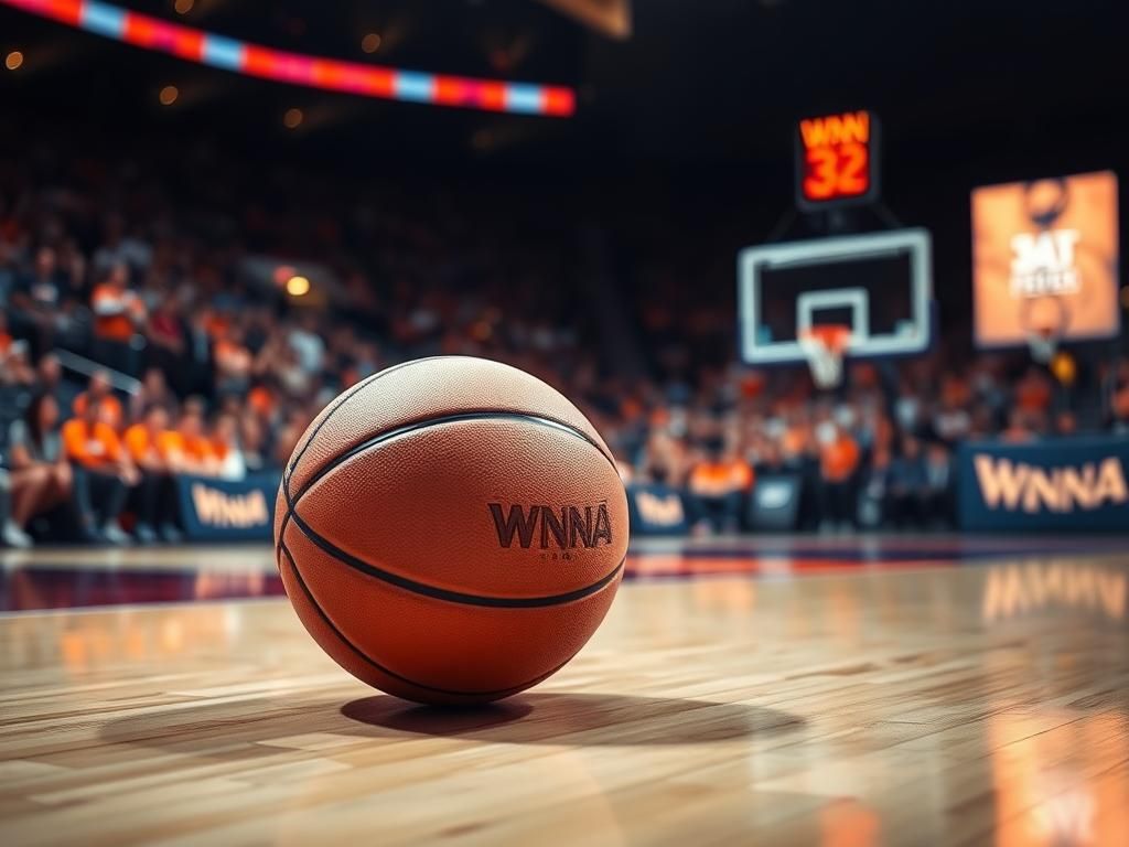 Flick International Close-up of a basketball resting on the court during a WNBA game with a cheering crowd blurred in the background