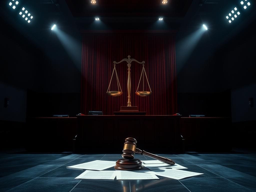 Flick International A dimly lit courtroom scene featuring a gavel and scales of justice, symbolizing high-profile legal cases.