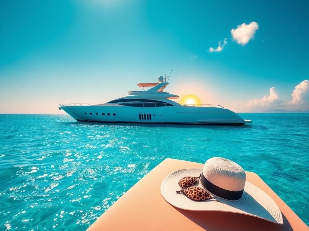 Flick International Irina Shayk lounging on a luxurious yacht in a stunning ocean backdrop