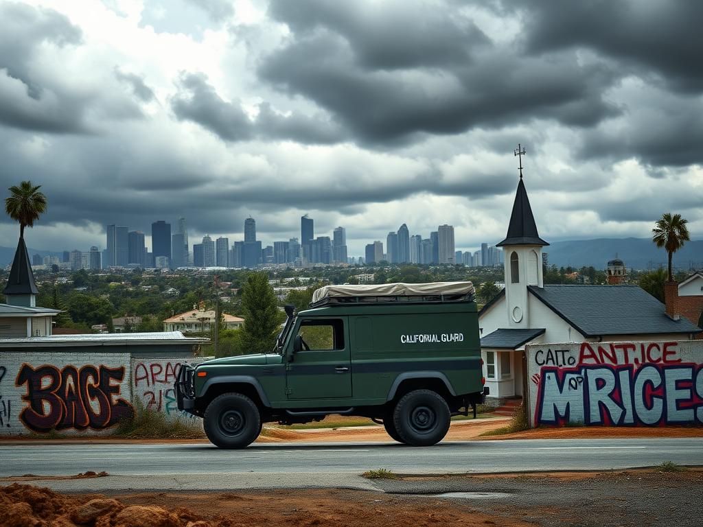 Flick International California National Guard vehicle parked near a church amidst graffiti art in an urban landscape