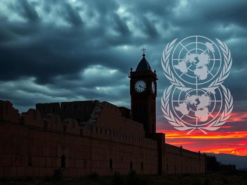 Flick International Silhouette of an ancient Persian fortress against a darkening sky