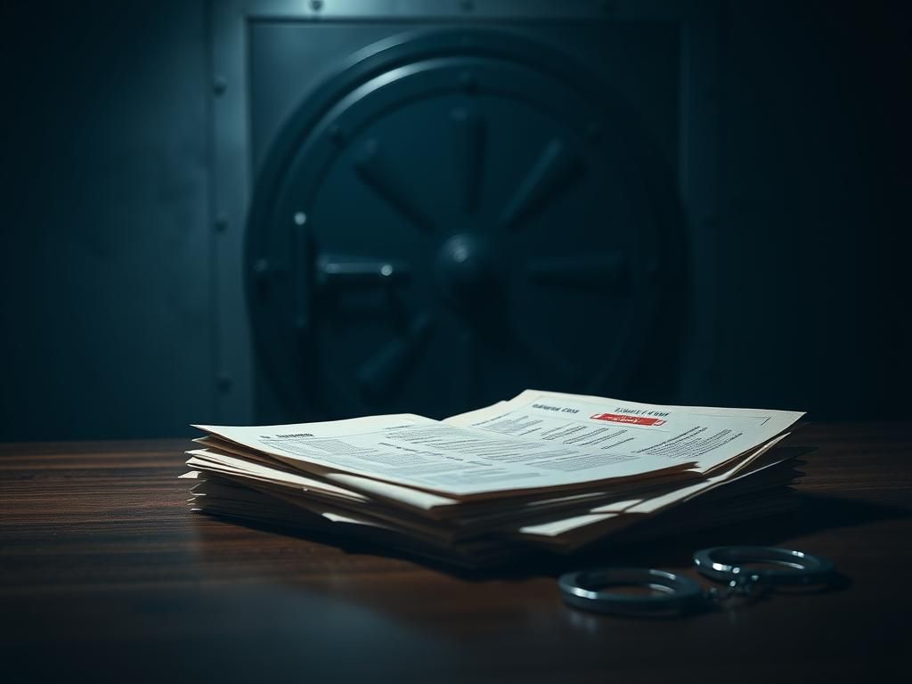 Flick International Dimly lit vault door slightly ajar with weathered documents symbolizing hidden truths