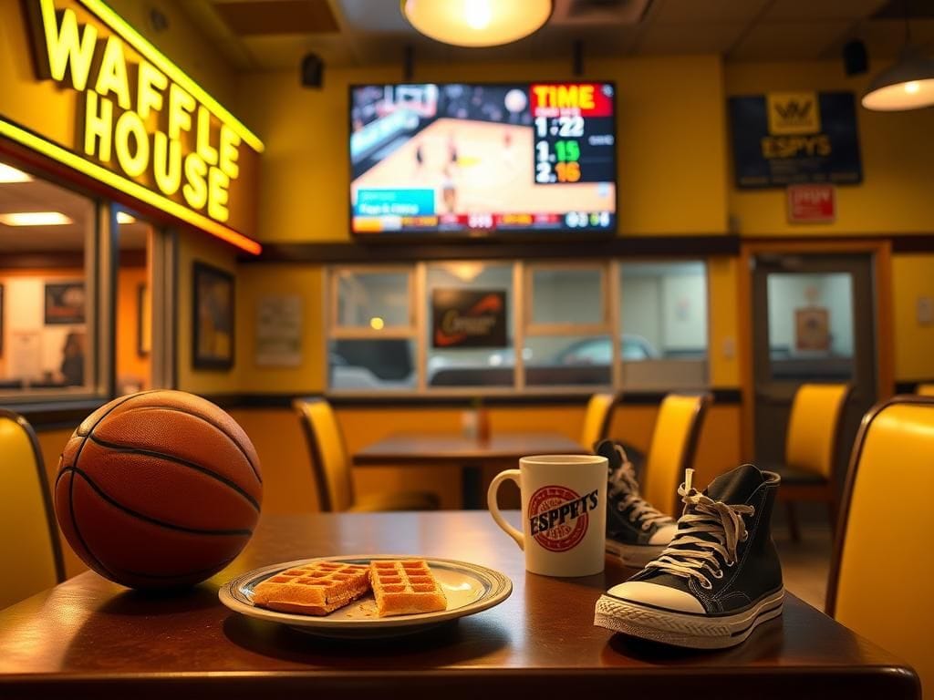 Flick International A vibrant Waffle House diner scene with basketball elements
