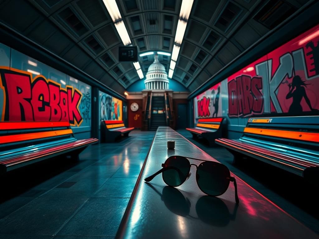 Flick International Surreal depiction of a congressional subway platform with colorful benches and graffiti