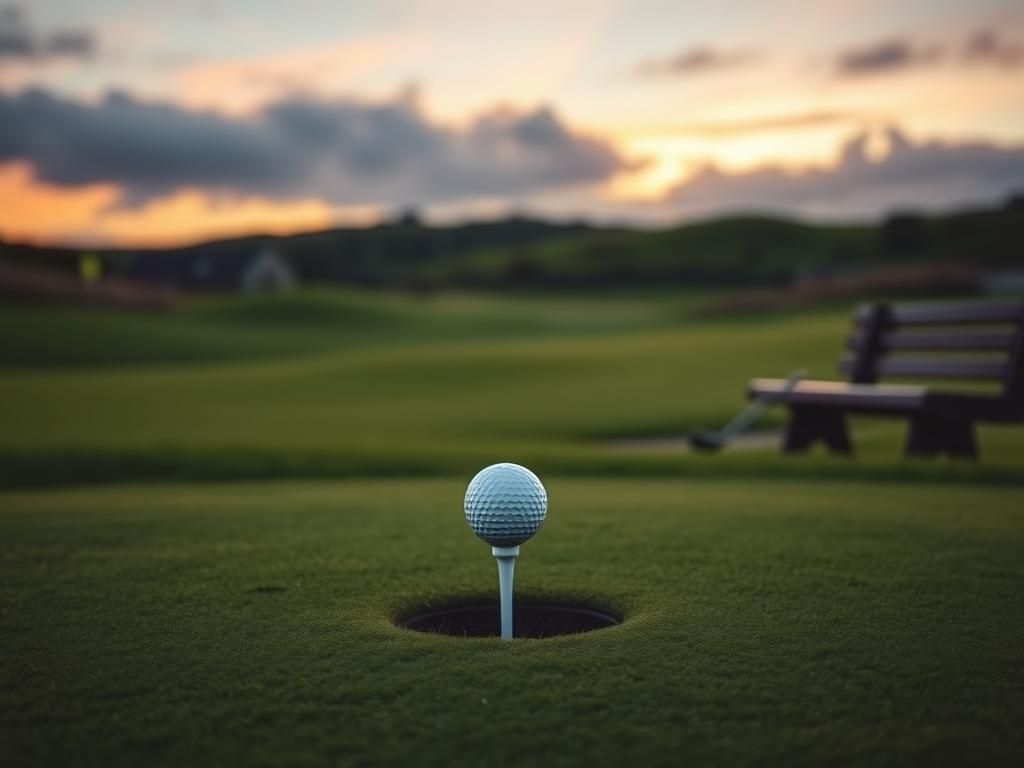 Flick International A serene golf course at dawn featuring an empty tee box and a golf ball, symbolizing new beginnings.