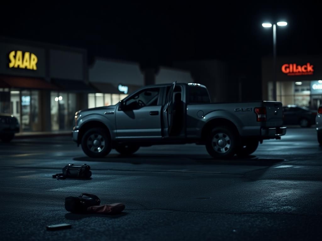 Flick International Dimly lit parking lot showing the gray pickup truck involved in the kidnapping attempt