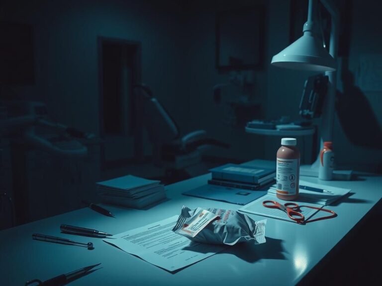 Flick International Dimly lit dental office scene with suspicious package and protein shake