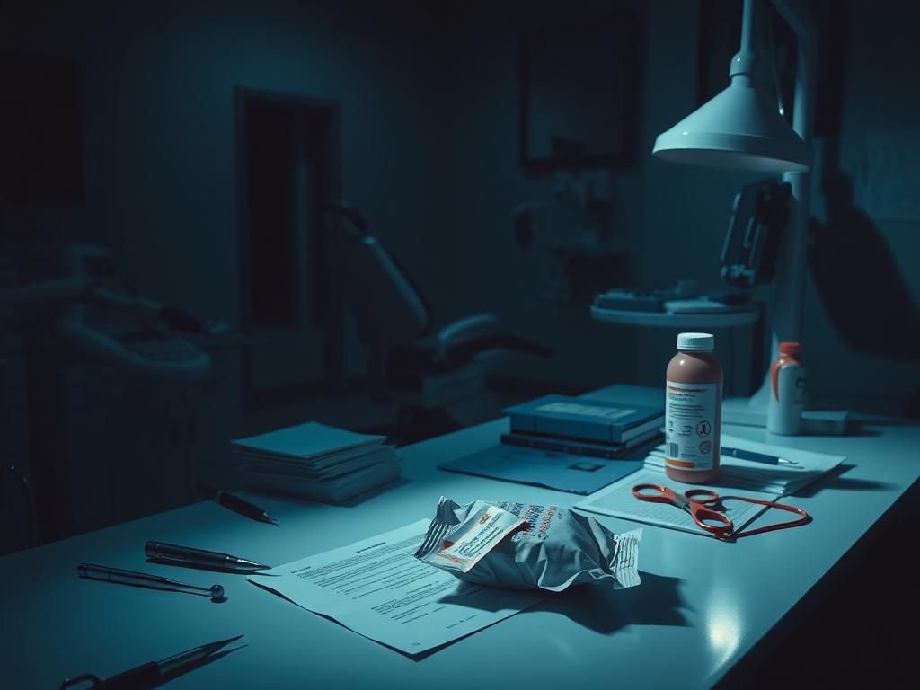 Flick International Dimly lit dental office scene with suspicious package and protein shake