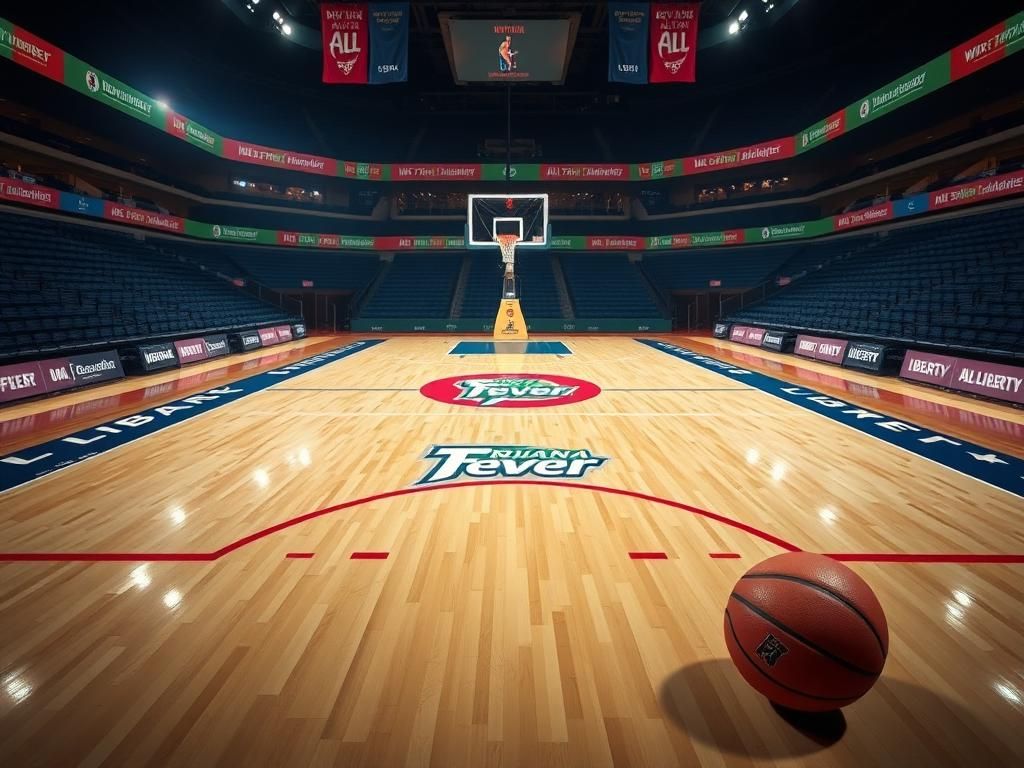 Flick International Empty basketball court with Indiana Fever and New York Liberty logos, symbolizing the absence of Caitlin Clark