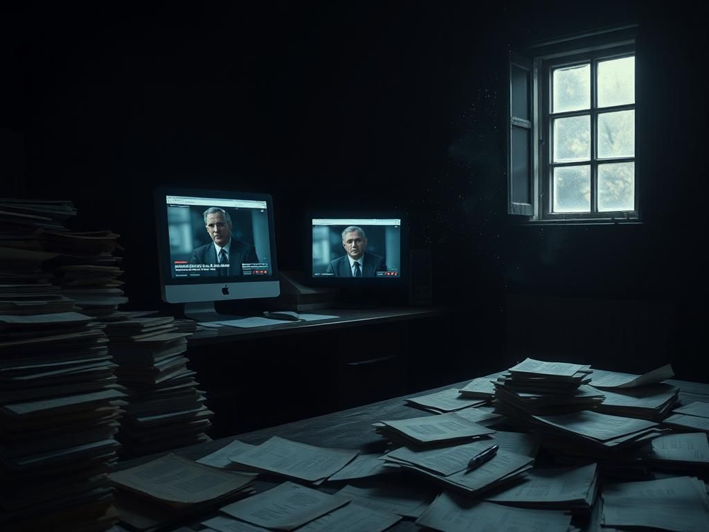 Flick International A dimly-lit room with a weathered desk, symbolizing secrecy and controversy