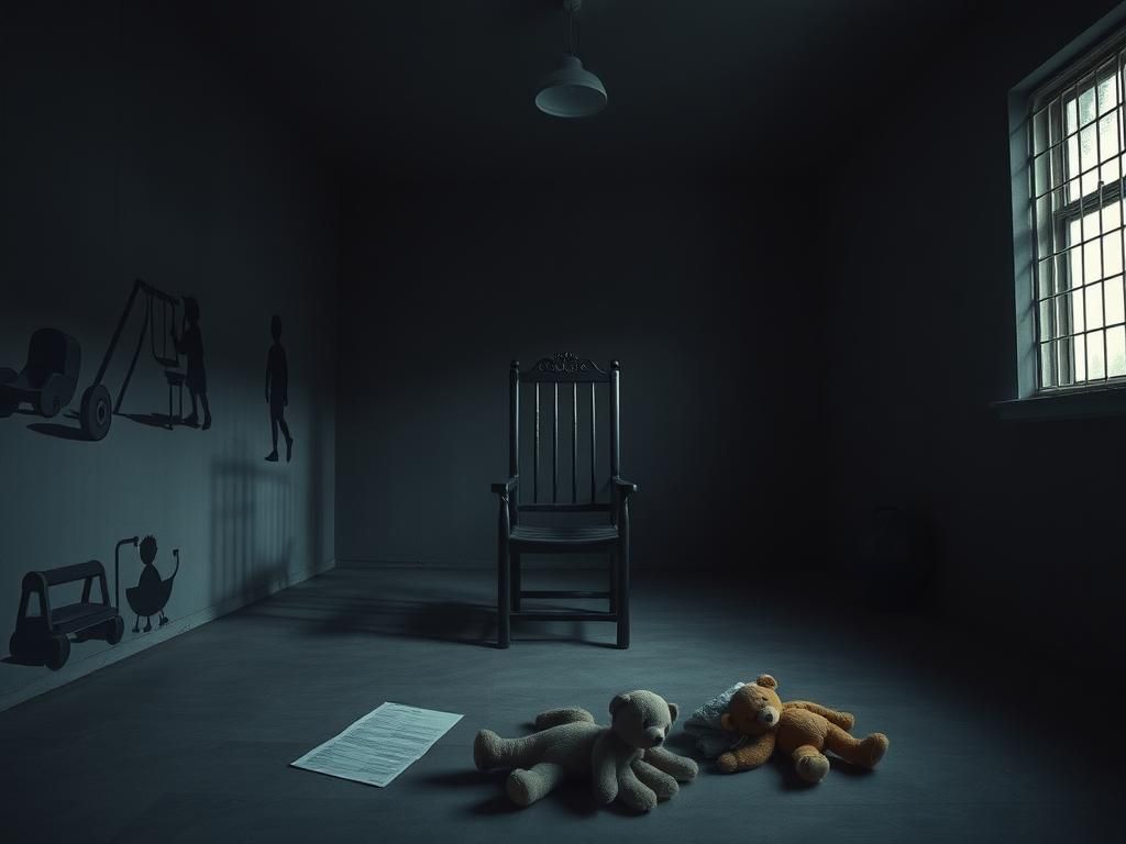 Flick International A dimly lit death chamber featuring an empty electric chair and haunting shadows of children's toys