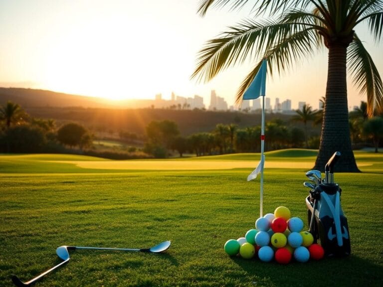 Flick International A serene golf course at dawn with a set of golf clubs and colorful golf balls under a palm tree