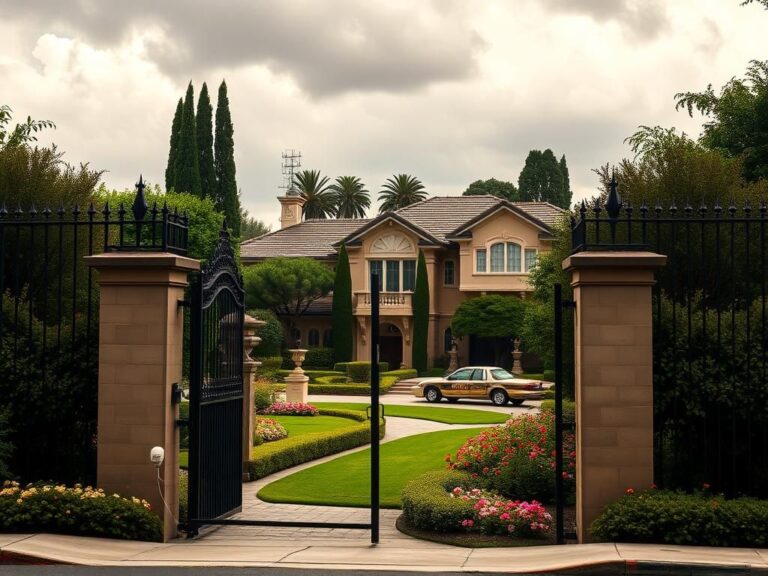 Flick International A lavish suburban mansion in Encino, Los Angeles, surrounded by security features and greenery