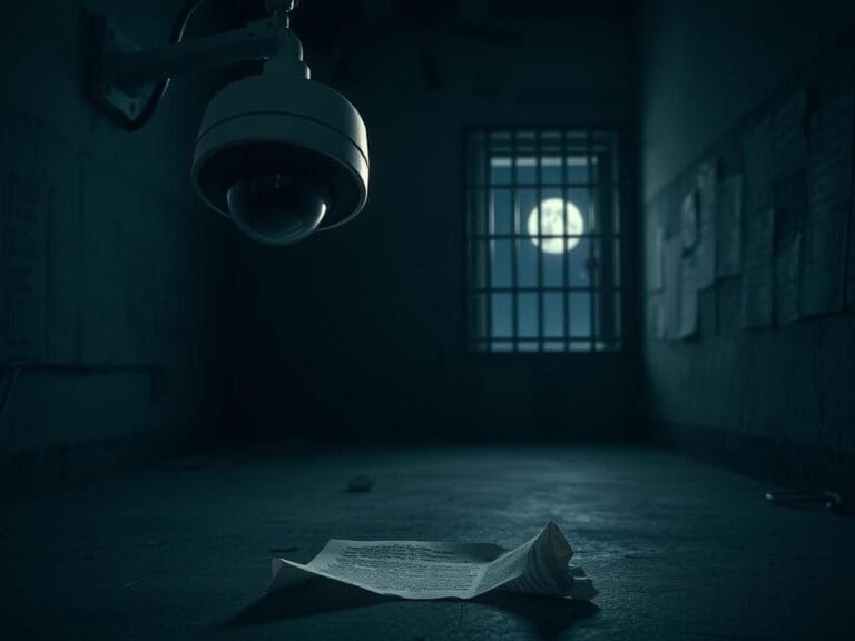 Flick International A somber prison cell with a broken surveillance camera and dim lighting