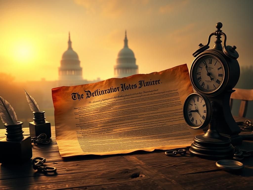 Flick International Weathered parchment of the Declaration of Independence unrolled on a wooden table with quills and inkpots