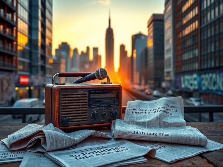 Flick International A vibrant urban skyline at dawn with a weathered radio symbolizing traditional communication.
