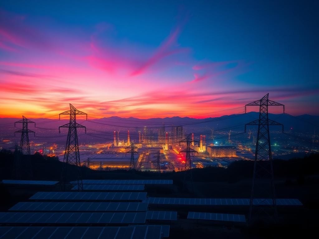 Flick International A futuristic electrical grid landscape featuring high-voltage towers, solar panels, and wind turbines under a twilight sky