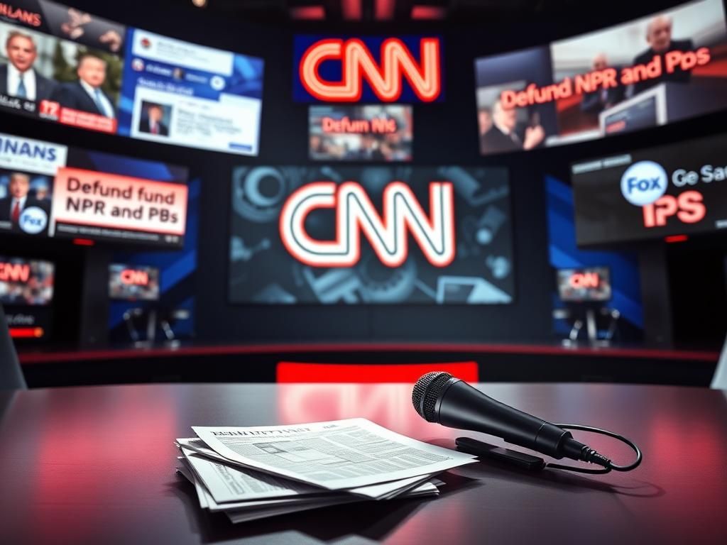 Flick International Newsroom backdrop featuring CNN logo with electronic screens displaying political headlines