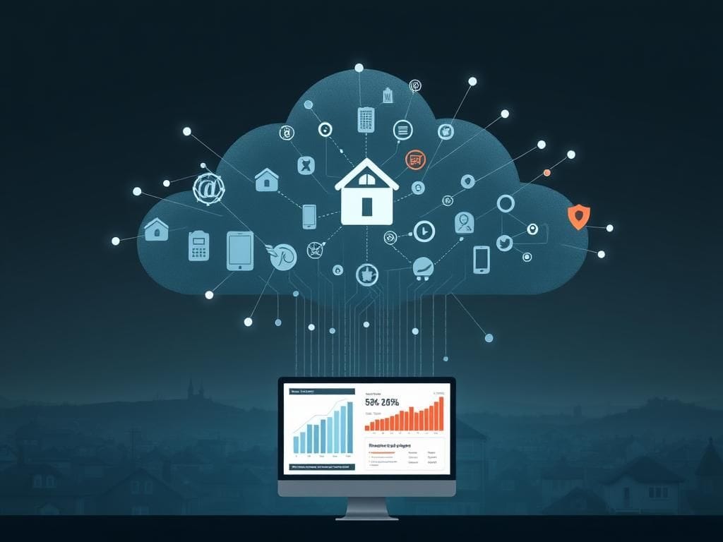 Flick International A digital representation of the data broker industry featuring a large, ominous cloud of interconnected digital icons symbolizing personal data points.