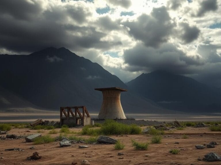 Flick International Barren landscape with dilapidated nuclear facilities under a cloudy sky