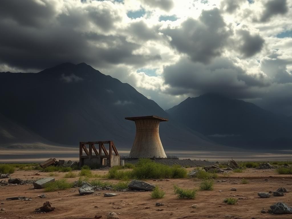 Flick International Barren landscape with dilapidated nuclear facilities under a cloudy sky