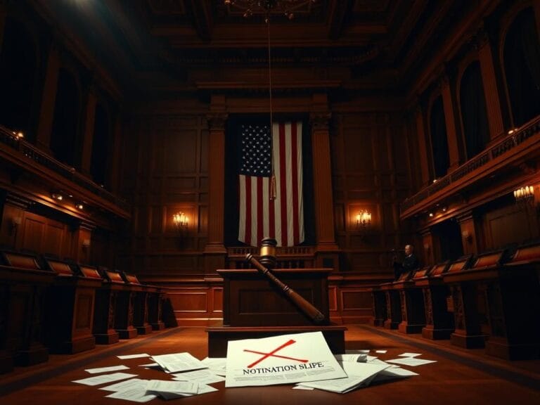 Flick International Grand, empty Senate chamber with an abandoned podium and a gavel, symbolizing authority and decision-making