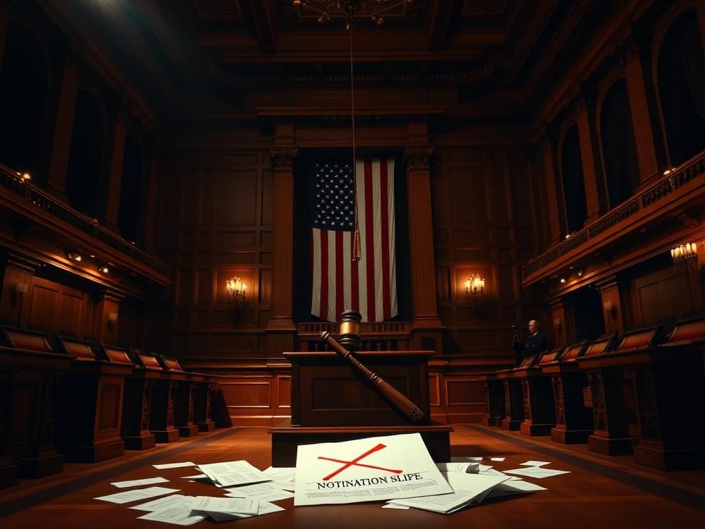 Flick International Grand, empty Senate chamber with an abandoned podium and a gavel, symbolizing authority and decision-making