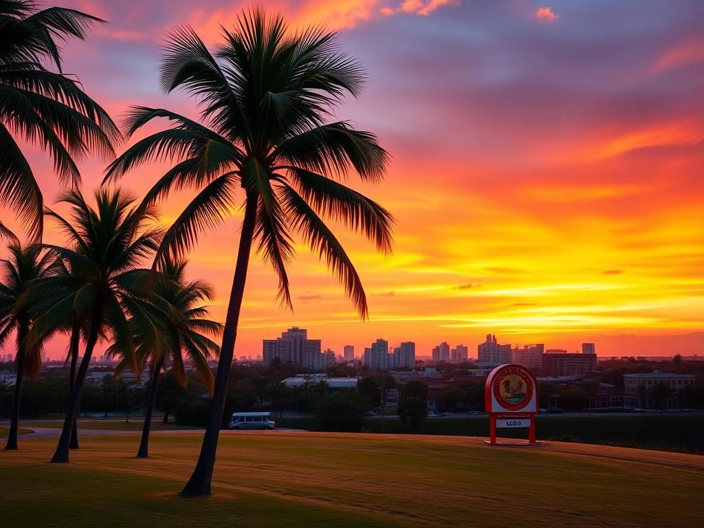 Flick International Serene Florida sunset over a city skyline with palm trees and the state seal
