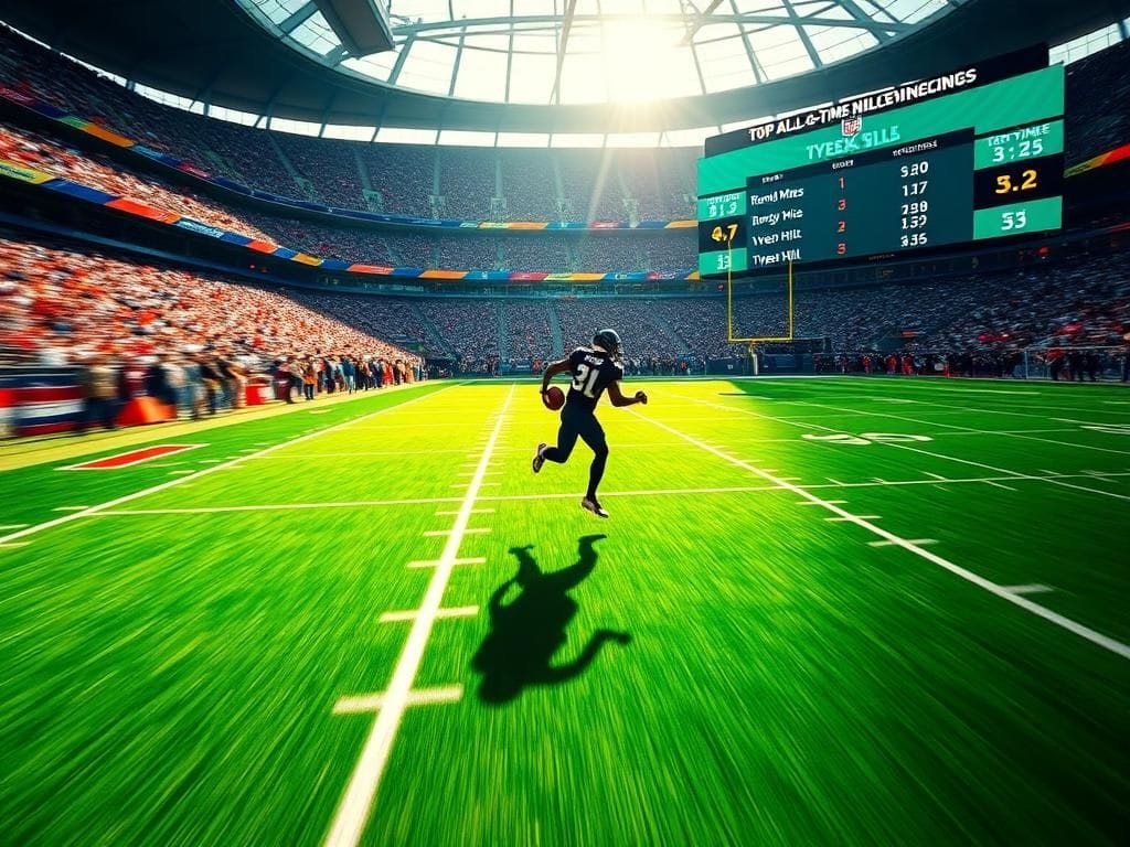 Flick International Blurred silhouette of a wide receiver sprinting on a vibrant football field with a football in mid-air