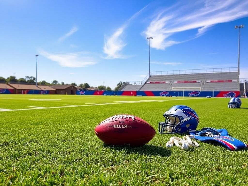 Flick International Serene Buffalo Bills training camp scene featuring a football field under clear skies