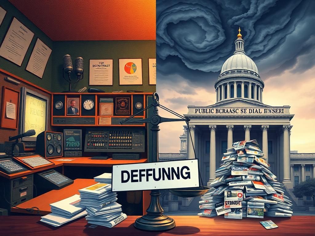 Flick International A split scene showing a vibrant radio studio contrasted with a dark government building, symbolizing media bias debates.
