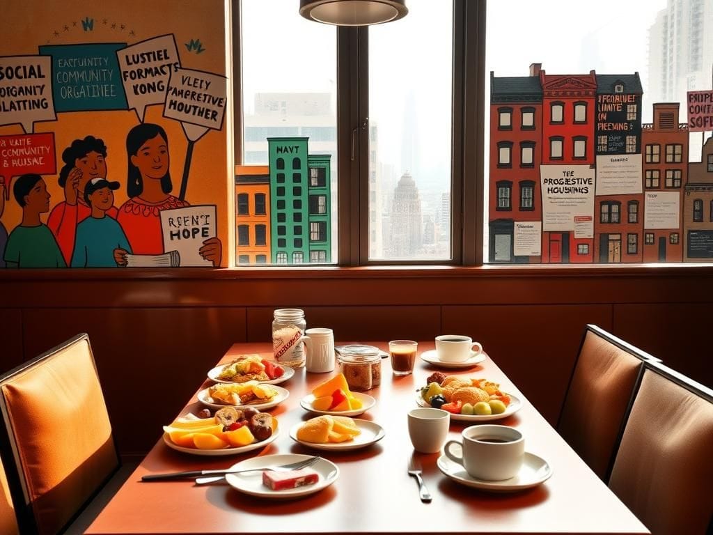 Flick International A cozy breakfast table set with colorful dishes representing a gathering of progressive thinkers in NYC