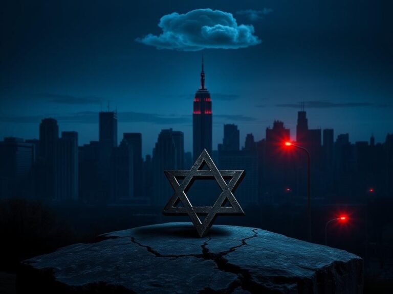 Flick International Silhouetted New York City skyline at twilight with a weathered Jewish star symbol on cracked stone