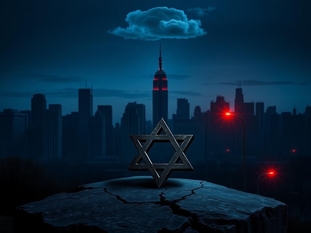 Flick International Silhouetted New York City skyline at twilight with a weathered Jewish star symbol on cracked stone
