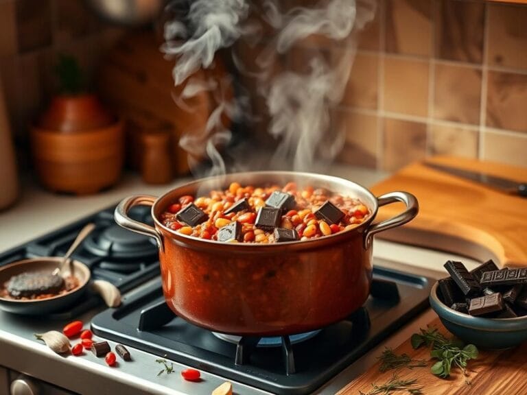 Flick International Cozy kitchen scene with a bubbling pot of chili and dark chocolate melting in the mixture