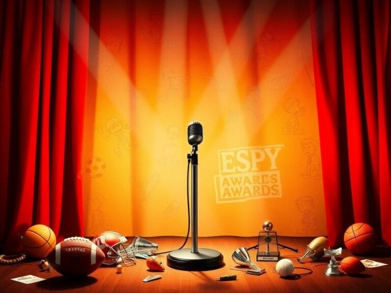Flick International A chaotic stage setting with an empty microphone stand and scattered sports paraphernalia for the ESPY Awards