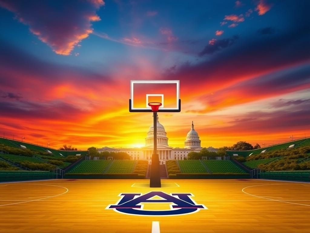 Flick International Dynamic basketball court under a vibrant sunset sky with Auburn Tigers logo