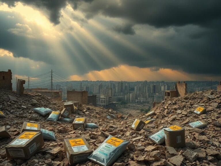 Flick International War-torn Gaza landscape with crumbling cityscape and food aid packages