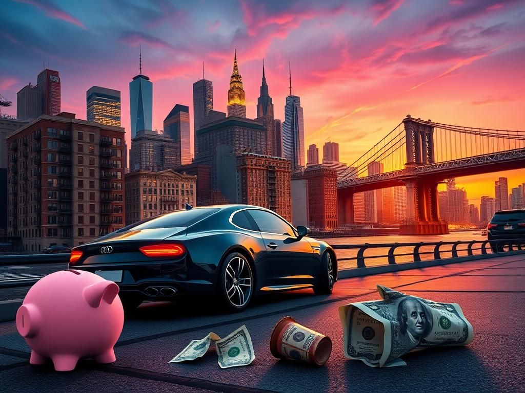 Flick International A vibrant New York City skyline at dusk with a luxury car and broken piggy bank symbolizing wealth disparity